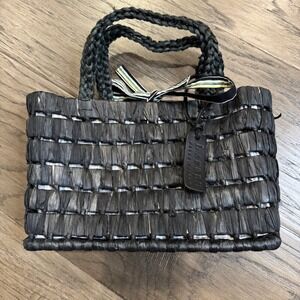 LAUREN Ralph Lauren‎ Black Woven Straw Raffia Mini Top Handle Bag Purse FLAWS